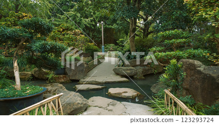 Chengdu, Sichuan, China. Walking Along Path In Park From First Person. Bonsai Trees Along Walking Path In Garden. Garden Area Of Wuhou Memorial Temple. Silence And Peace 123293724