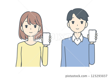 一名男子和一名女子展示他們的智慧型手機 123293837