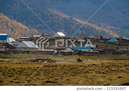 Rural village in a mountain valley during autumn season Rural village in a mountain valley during autumn season 123293897