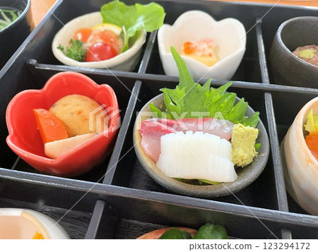 Beautifully arranged Japanese food in many small bowls, Japanese cuisine, Shokado bento, assorted appetizers Beautifully arranged Japanese food in many small bowls, Japanese cuisine, Shokado bento, assorted appetizers 123294172