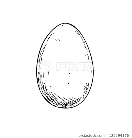 Vector raw egg. Graphic ink Eggshell illustration isolated on background. Hand drawn line sketch. For designers, prints, logo, icon, menu, postcards, holiday, covers 123294176