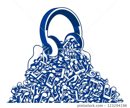 DJ headphones on top of a mountain made of notes and musical symbols piled up in big heap of cacophony. Musical notes big pile. Vector banner for advertising of music party, disco or artistic concert 123294196