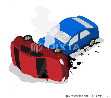 Isometric collision of passenger cars with severe damage on road. Insurance event of inattentive driving and violation of traffic rules. Aerial view 3D vector isolated on white background 123294197