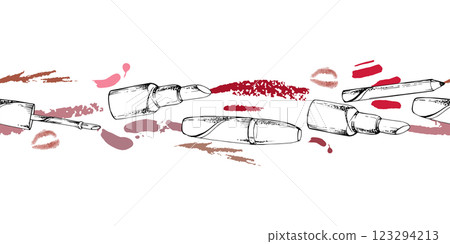 Make-up lipstick, lip gloss balm moisturizer, tube container, kiss smudge. Detailed line vector sketch hand drawn in ink, isolated seamless banner. Beauty parlor illustration, packaging, cosmetic shop Make-up lipstick, lip gloss balm moisturizer, tube container, kiss smudge. Detailed line vector sketch hand drawn in ink, isolated seamless banner. Beauty parlor illustration, packaging, cosmetic shop 123294213