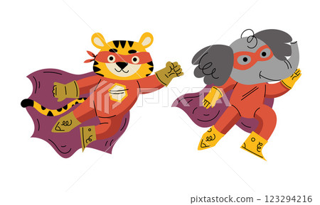 Animal Characters Superhero Dressed in Mask and Cape or Cloak Vector Set Animal Characters Superhero Dressed in Mask and Cape or Cloak Vector Set 123294216