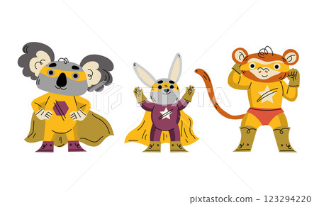 Animal Characters Superhero Dressed in Mask and Cape or Cloak Vector Set 123294220