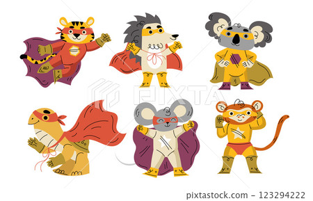Animal Characters Superhero Dressed in Mask and Cape or Cloak Vector Set 123294222