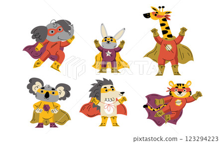 Animal Characters Superhero Dressed in Mask and Cape or Cloak Vector Set Animal Characters Superhero Dressed in Mask and Cape or Cloak Vector Set 123294223