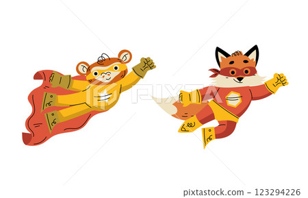 Animal Characters Superhero Dressed in Mask and Cape or Cloak Vector Set 123294226