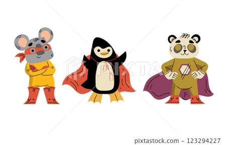 Animal Characters Superhero Dressed in Mask and Cape or Cloak Vector Set 123294227