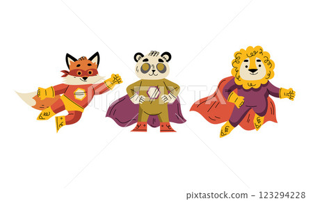 Animal Characters Superhero Dressed in Mask and Cape or Cloak Vector Set 123294228