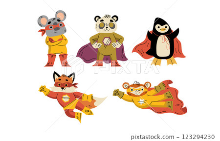 Animal Characters Superhero Dressed in Mask and Cape or Cloak Vector Set 123294230