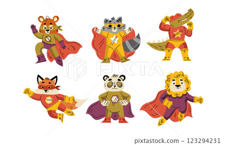 Animal Characters Superhero Dressed in Mask and Cape or Cloak Vector Set 123294231