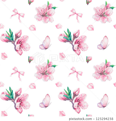Seamless watercolor pattern with pink flowers 123294238