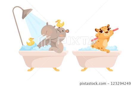 Animal Characters and Hygiene Rules Washing and Grooming Vector Set Animal Characters and Hygiene Rules Washing and Grooming Vector Set 123294249