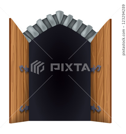 Medieval gate, open. Castle medieval door. Cartoon ancient fortress wooden gate or tower arch door. Stone arch with metal hinges for entry. Vintage city entrance, vector illustration Medieval gate, open. Castle medieval door. Cartoon ancient fortress wooden gate or tower arch door. Stone arch with metal hinges for entry. Vintage city entrance, vector illustration 123294289