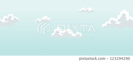 Cloudscape sky cartoon background. Light blue daytime sky with white fluffy clouds. Heaven with bright weather, outdoor scene. Vector illustration 123294290