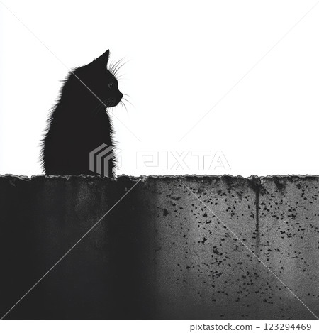 Black cat gazing silently from a weathered ledge at dusk 123294469