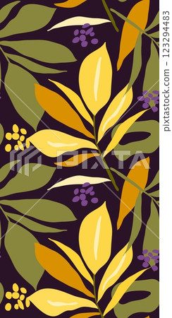 Tropical foliage seamless textile pattern with leaves and berries design Tropical foliage seamless textile pattern with leaves and berries design 123294483