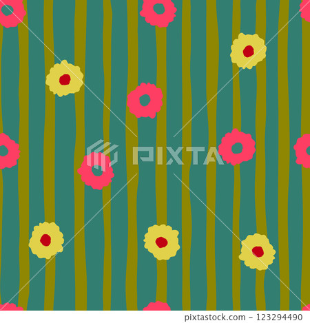 Colorful floral pattern pink yellow flowers, green vertical stripes vibrant abstract artistic design Colorful floral pattern pink yellow flowers, green vertical stripes vibrant abstract artistic design 123294490