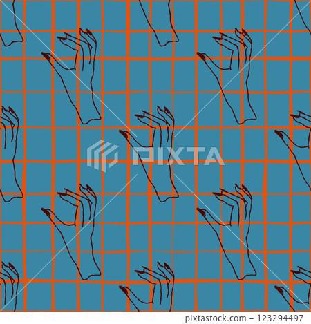 pattern of outlined hands on blue orange grid background pattern of outlined hands on blue orange grid background 123294497