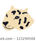 snow leopard face artwork stylized predatory expression with black spots on beige background 123294508