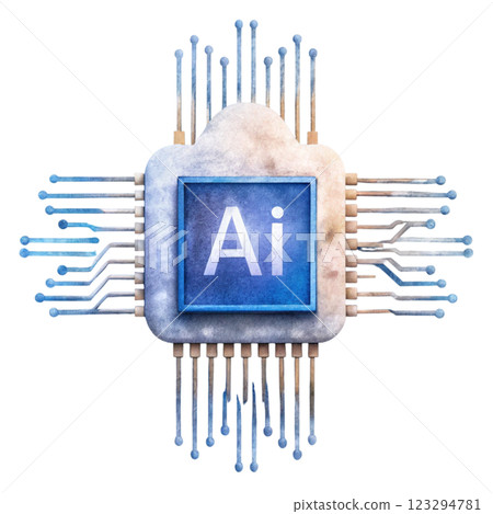 Processor chip brain cloud Ai Clipart Watercolor 123294781