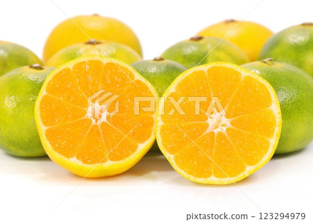 Nishiura mandarin oranges, early-ripening mandarin oranges, produced in Shizuoka Prefecture, cut, cross section, bright background 123294979