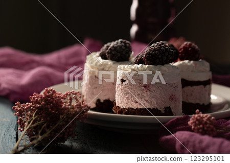 Delicious cream cakes with frozen blackberries on a white plate, close-up Delicious cream cakes with frozen blackberries on a white plate, close-up 123295101