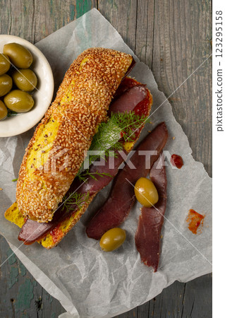 Burger with ciabatta and bastrum, top view 123295158