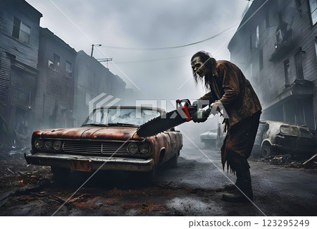 荒廢的外國城鎮景觀和拿著電鋸的殭屍的插圖 荒廢的外國城鎮景觀和拿著電鋸的殭屍的插圖 123295249