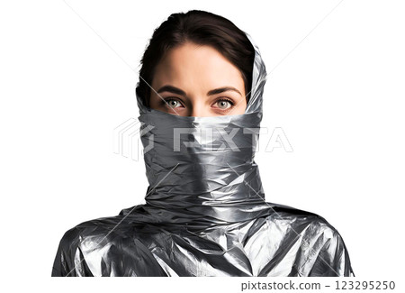 白色背景中用鋁箔膠帶包裹的婦女 123295250