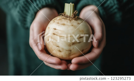 A person holding a freshly harvested rutabaga 123295273
