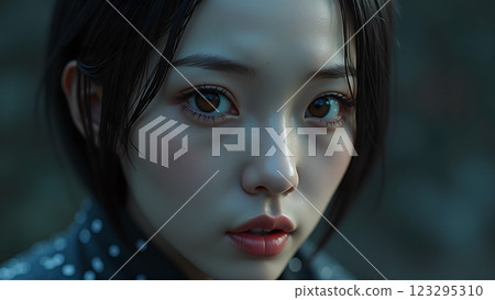 Close-up of a futuristic android woman with sleek, chrome mechanical parts and delicate human-like features 123295310