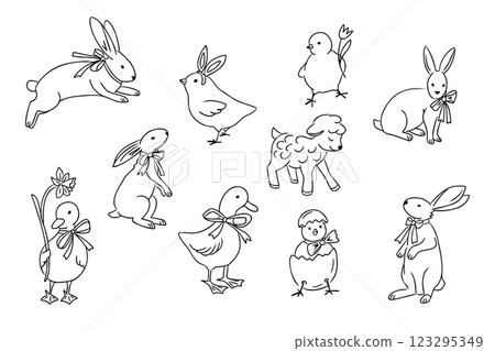 Cute hand drawn Easter doodles with farm animals 123295349