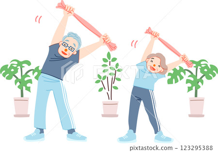 Senior couple stretching with a towel Senior couple stretching with a towel 123295388