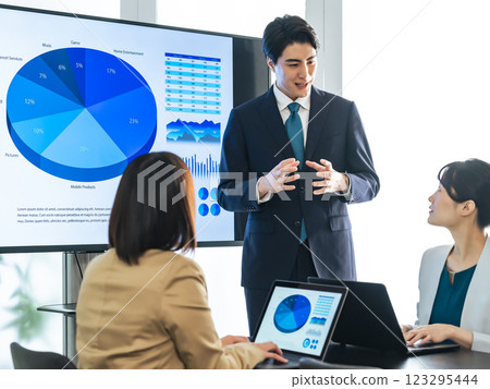 A group of business people having a meeting in front of a large screen monitor A group of business people having a meeting in front of a large screen monitor 123295444