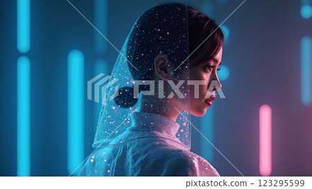 a stylish cyberpunk girl illuminated by neon lights 123295599