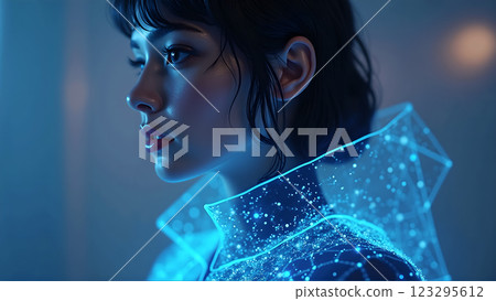 a stylish cyberpunk girl illuminated by neon lights 123295612