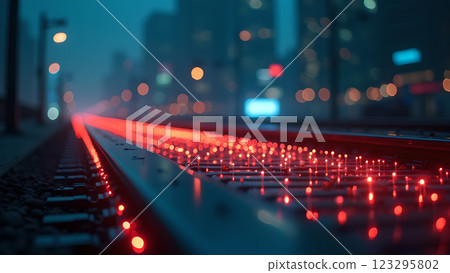 Abstract tech background with glowing data streams overlaid on a futuristic cityscape. Ideal for illustrating innovation and high-speed connectivity. 123295802