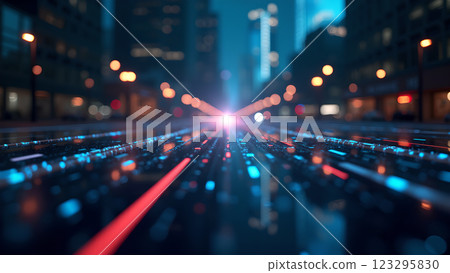 Abstract tech background with glowing data streams overlaid on a futuristic cityscape. Ideal for illustrating innovation and high-speed connectivity. 123295830