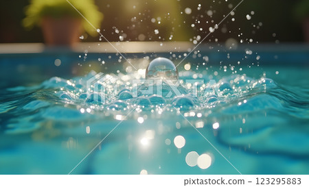 Sunlight reflects on the surface of a clear blue swimming pool. Perfect for conveying summer, relaxation, and vacations. 123295883