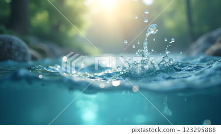 Sunlight reflects on the surface of a clear blue swimming pool. Perfect for conveying summer, relaxation, and vacations. 123295888