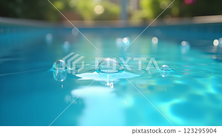 Sunlight reflects on the surface of a clear blue swimming pool. Perfect for conveying summer, relaxation, and vacations. 123295904