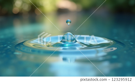 Sunlight reflects on the surface of a clear blue swimming pool. Perfect for conveying summer, relaxation, and vacations. 123295912