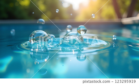 Sunlight reflects on the surface of a clear blue swimming pool. Perfect for conveying summer, relaxation, and vacations. 123295919