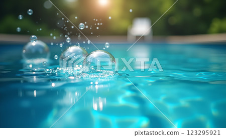 Sunlight reflects on the surface of a clear blue swimming pool. Perfect for conveying summer, relaxation, and vacations. 123295921