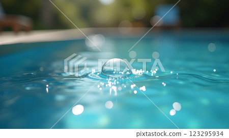 Sunlight reflects on the surface of a clear blue swimming pool. Perfect for conveying summer, relaxation, and vacations. 123295934