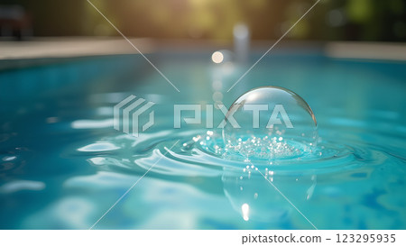 Sunlight reflects on the surface of a clear blue swimming pool. Perfect for conveying summer, relaxation, and vacations. 123295935