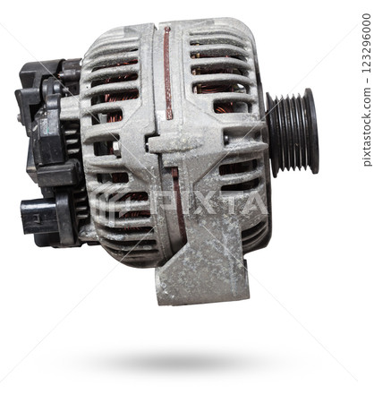 Car generator, car electrical network element on white background, generator details close-up. Spare auto parts for repair. 123296000